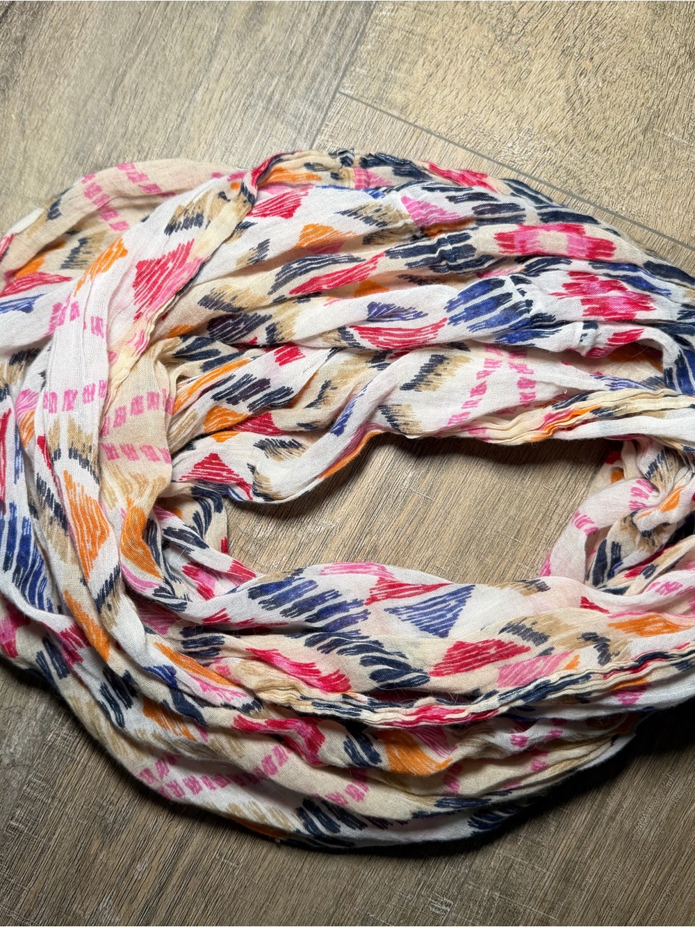 American Eagle Outfitters Cream Scarf with Pink, Orange & Blue Ikat Print